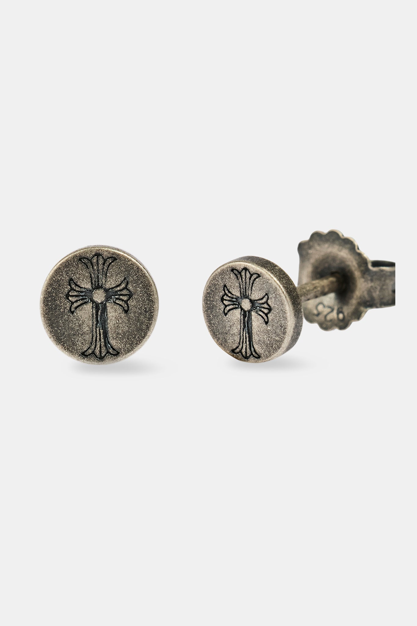 Black Enamel Cross Round Oxidised Stud Earrings - 6mm - White
